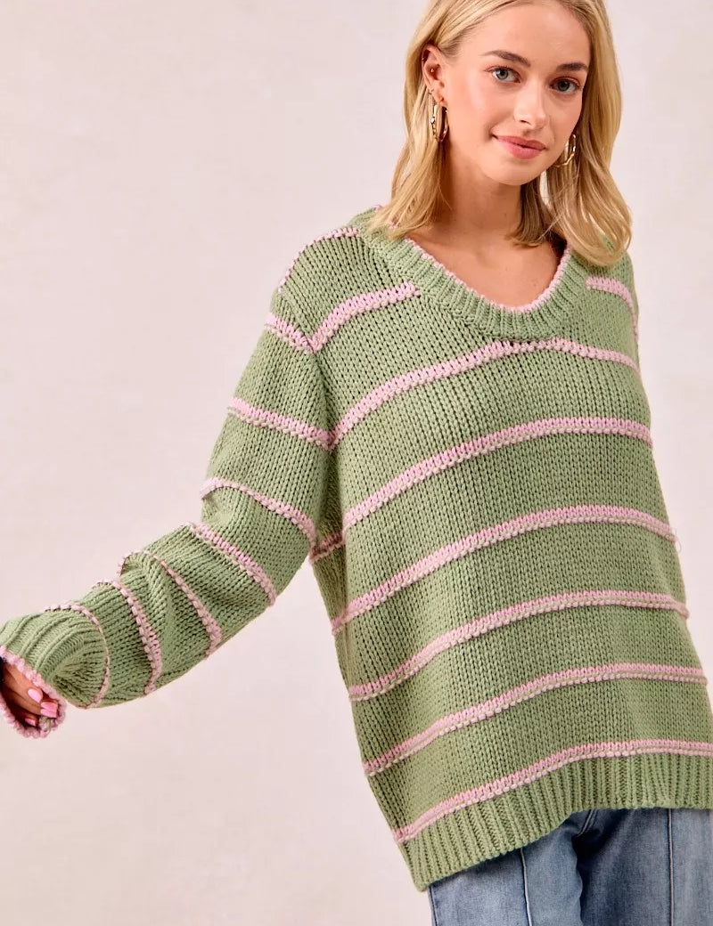 BiBi Striped Long Sleeve Sweater | Sweaters Daverri Fashions
