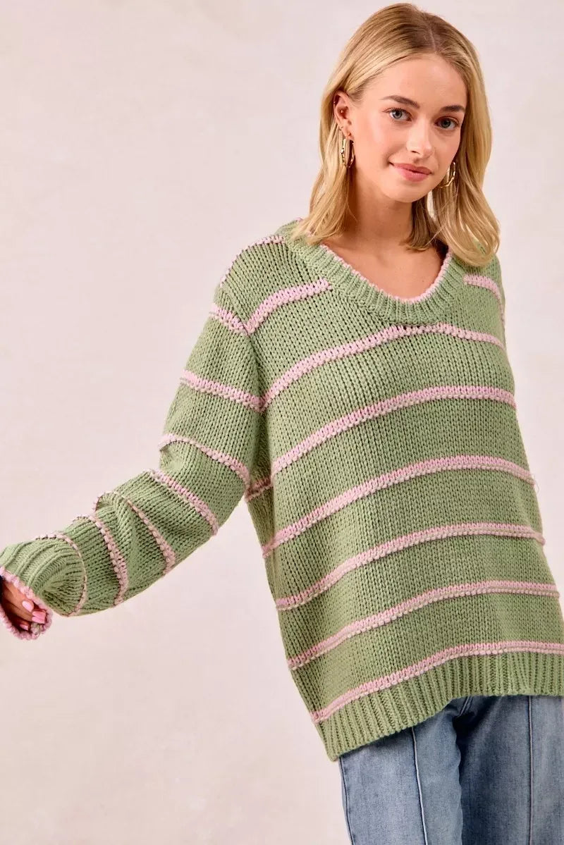 BiBi Striped Long Sleeve Sweater - DAVERRI FASHIONS