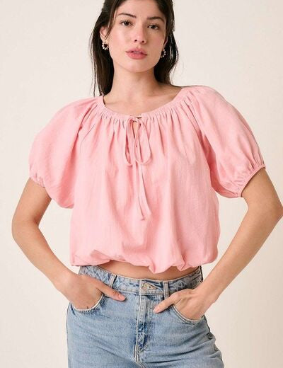 Mittoshop Linen Two-Way Short Sleeve Crop Blouse Blush Pink