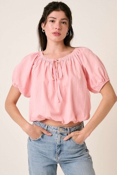 Mittoshop Linen Two-Way Short Sleeve Crop Blouse Blush Pink