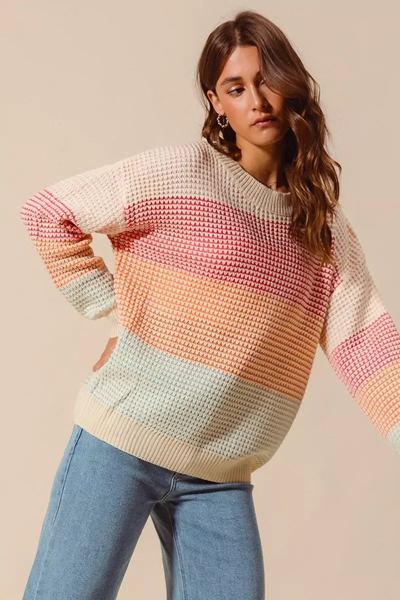 SO ME Multi Color Block Long Sleeve Sweater - DAVERRI FASHIONS