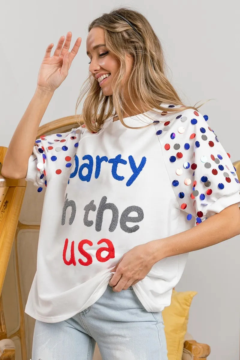 BiBi Party In The Usa Spangle Puff Sleeves Top | Tops Daverri Fashions