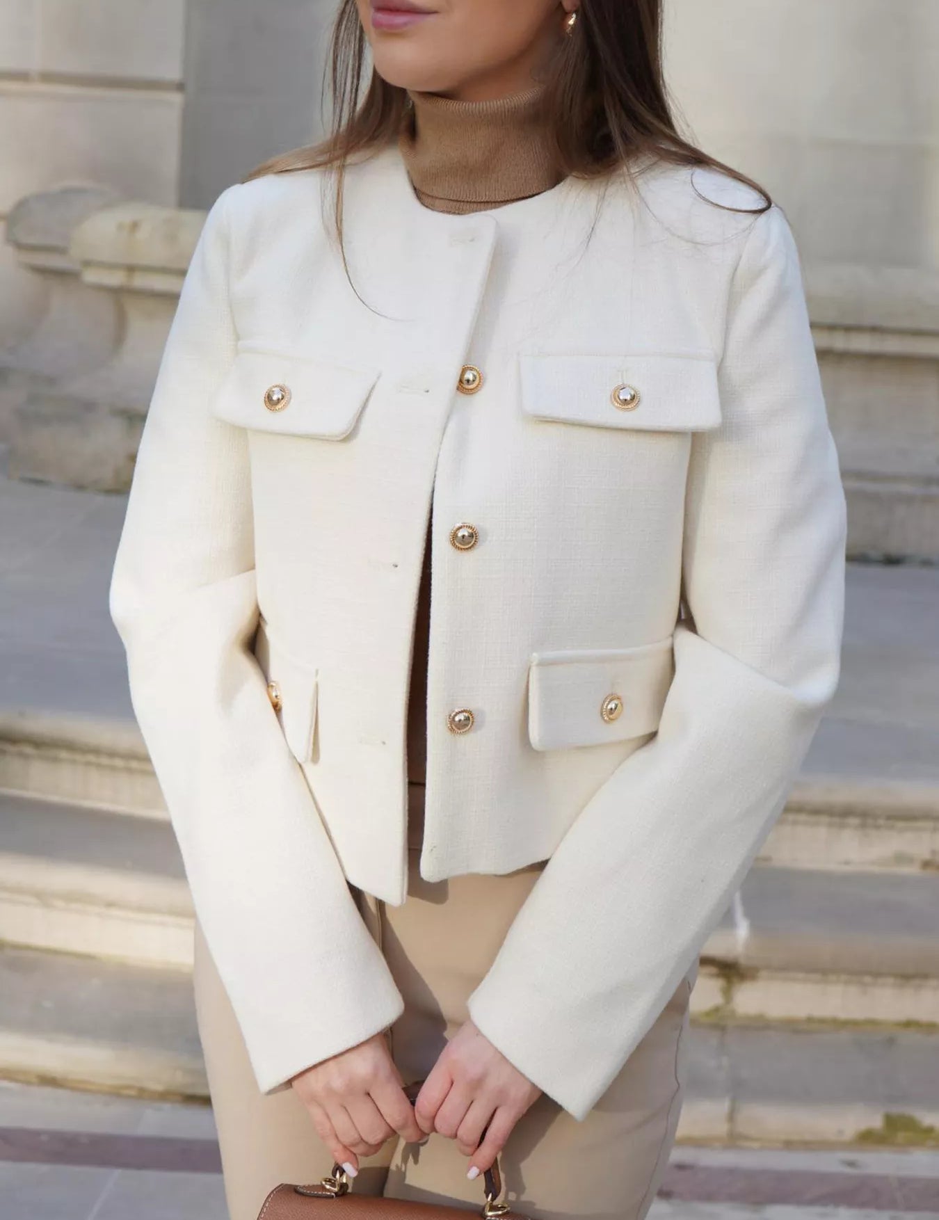 White Tweed Button Up Cropped Jacket | Jackets Daverri Fashions