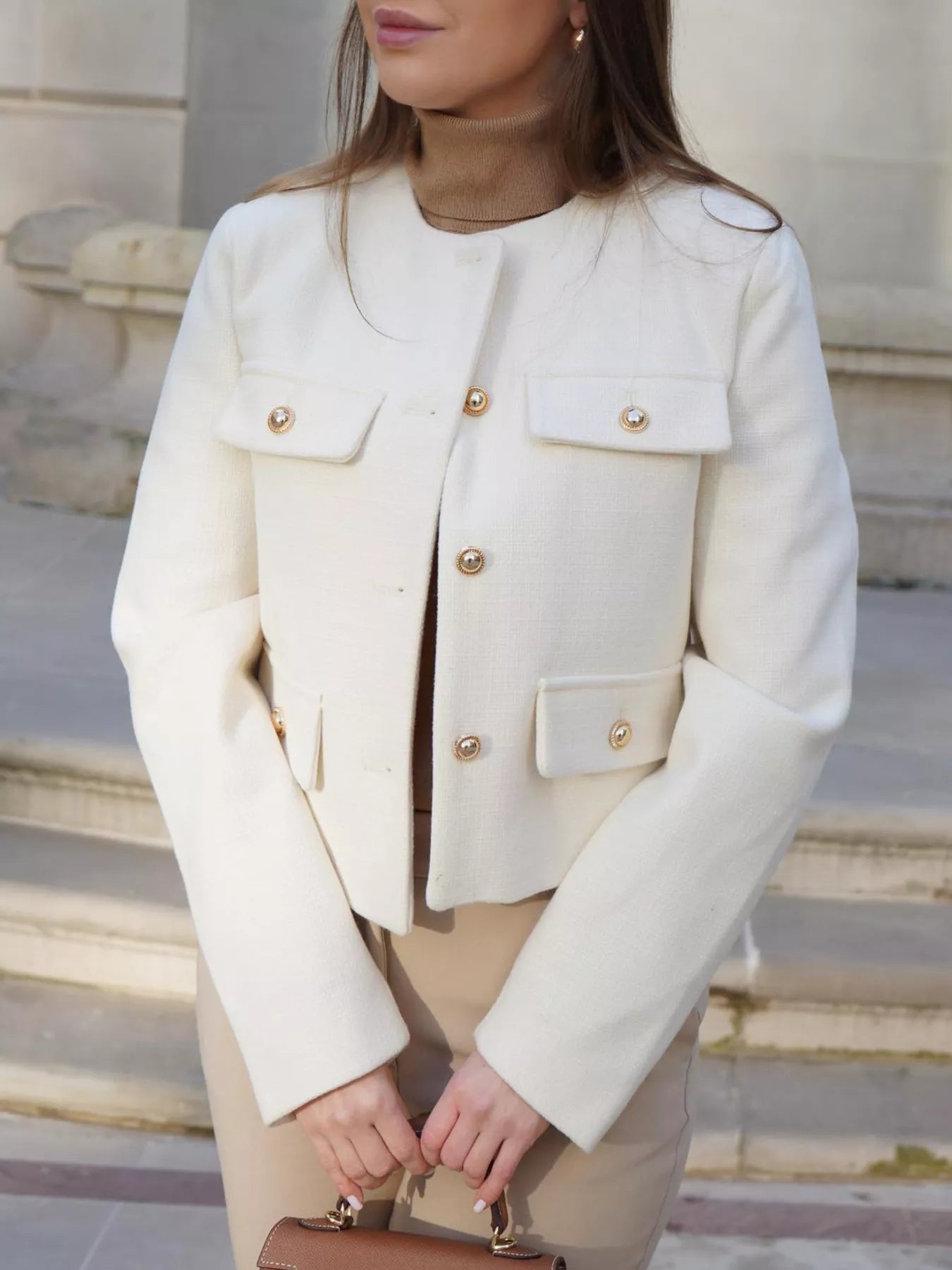 White Tweed Button Up Cropped Jacket | Jackets Daverri Fashions
