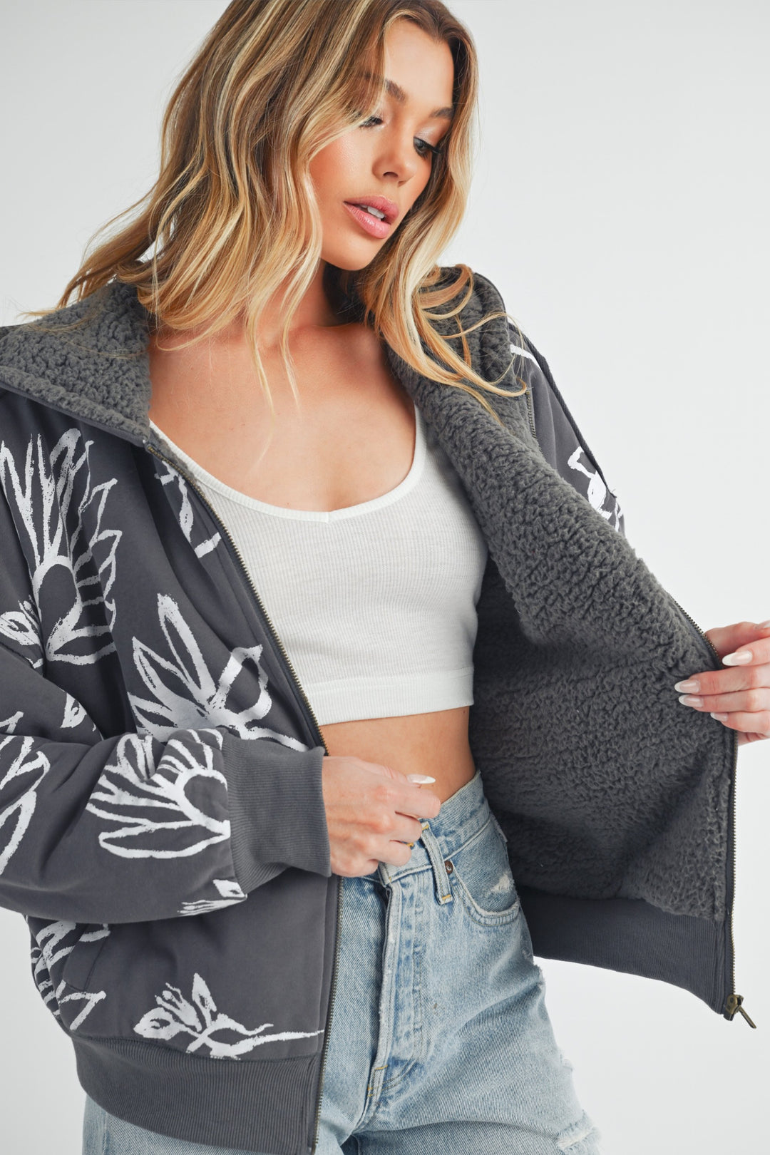 Aemi + Co Gray Flower Print Zip Up Sherpa Hoodie Hoodies