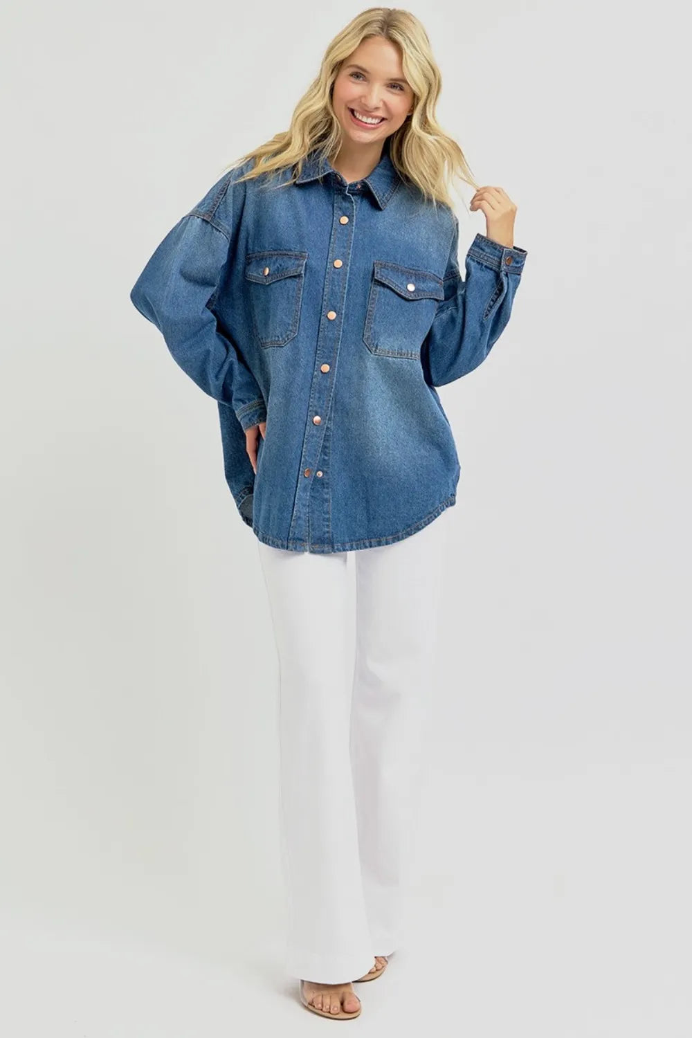 RISEN Full Size Snap Down Long Sleeve Denim Shacket Shackets