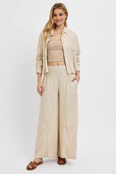 RISEN Shirring Detail Wide Leg Pants