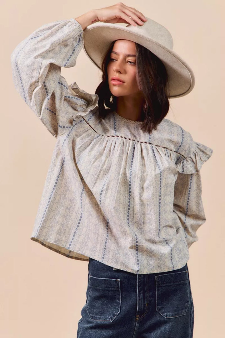 SO ME Floral Cotton Print Ruffled Long Sleeve Blouse | Daverri Fashions