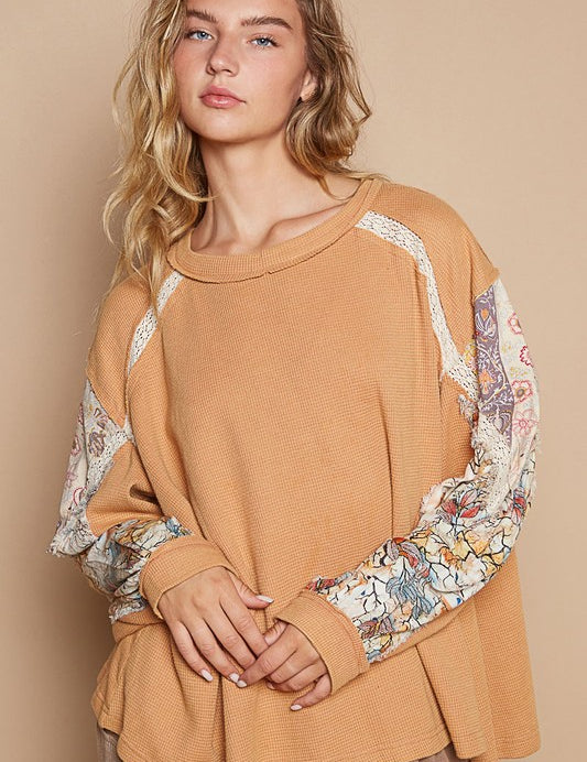 POL Waffle-Knit Lace Detail Round Neck Top Sherbet