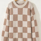 Daverri checkered pattern ribbed trim knit baggy sweater in beige and cream