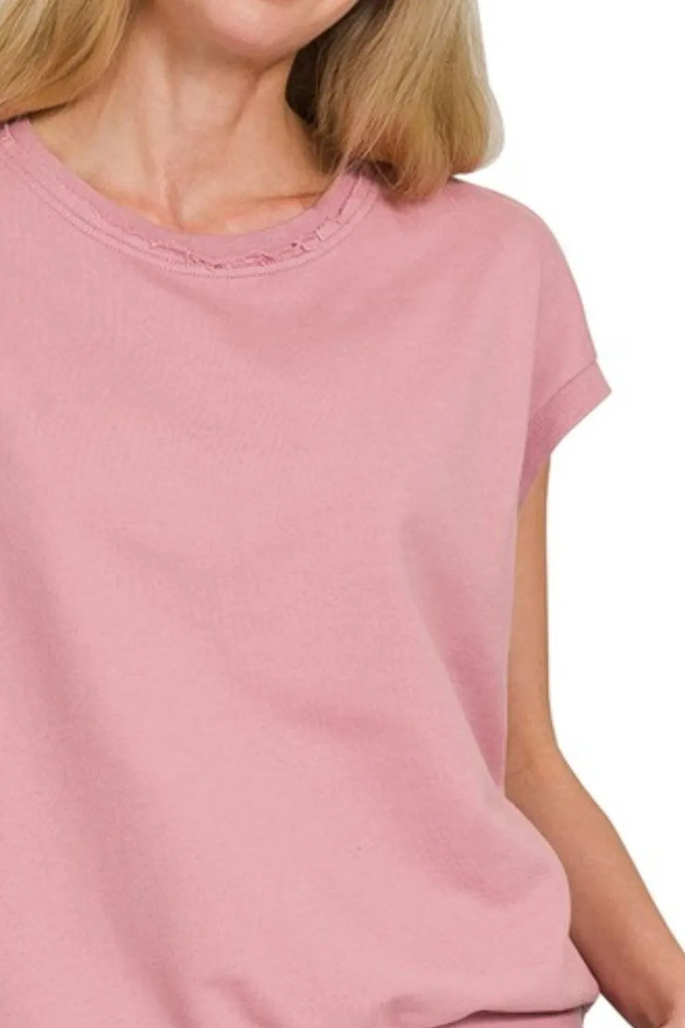 Zenana French Terry Round Neck Cap Sleeve T-Shirt | Daverri Fashions