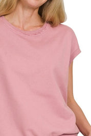 Zenana French Terry Round Neck Cap Sleeve T-Shirt | Daverri Fashions