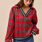 BiBi Christmas Plaid Collared Top with Ruffled Detail - DAVERRI FASHIONS