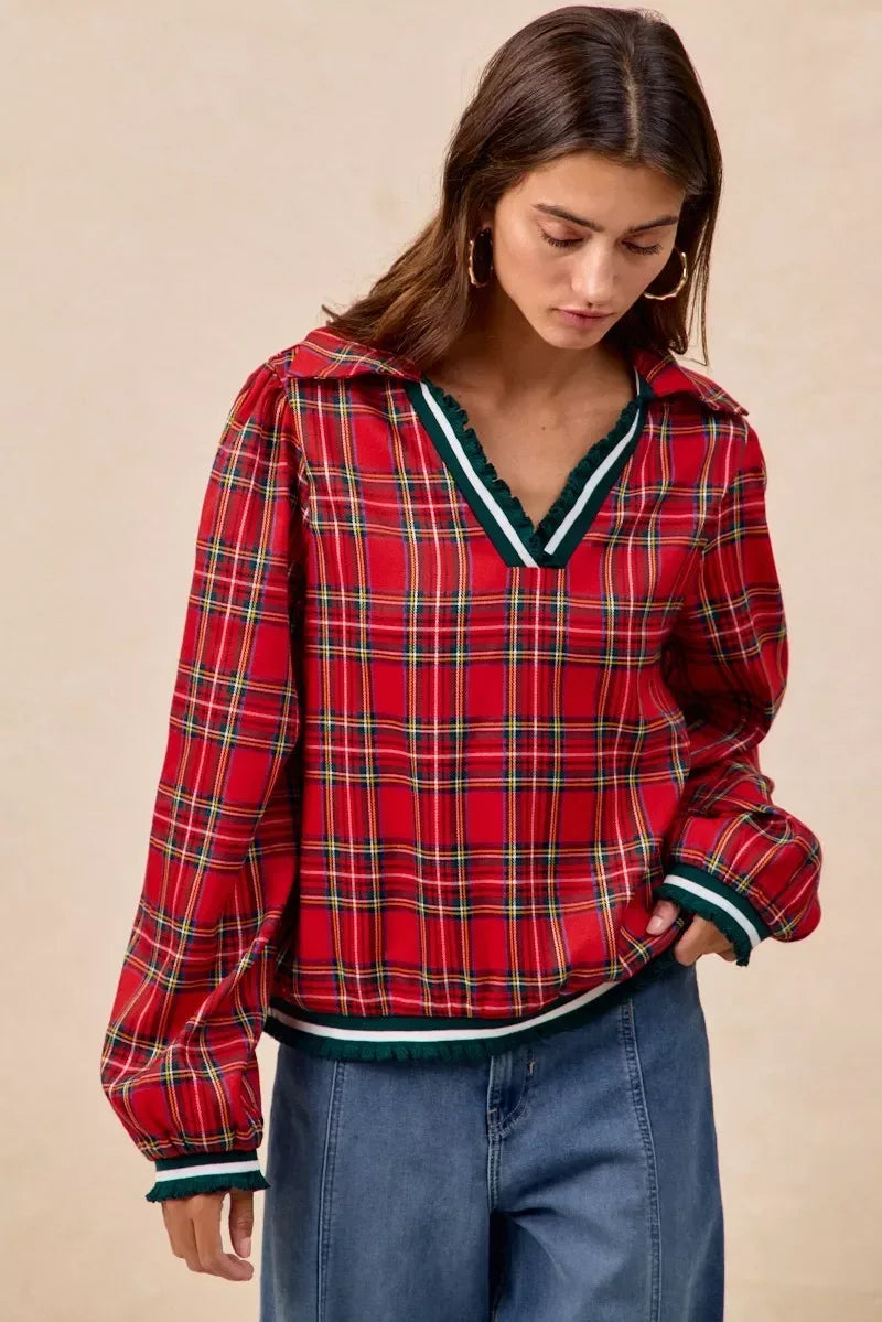 BiBi Christmas Plaid Collared Top with Ruffled Detail - DAVERRI FASHIONS