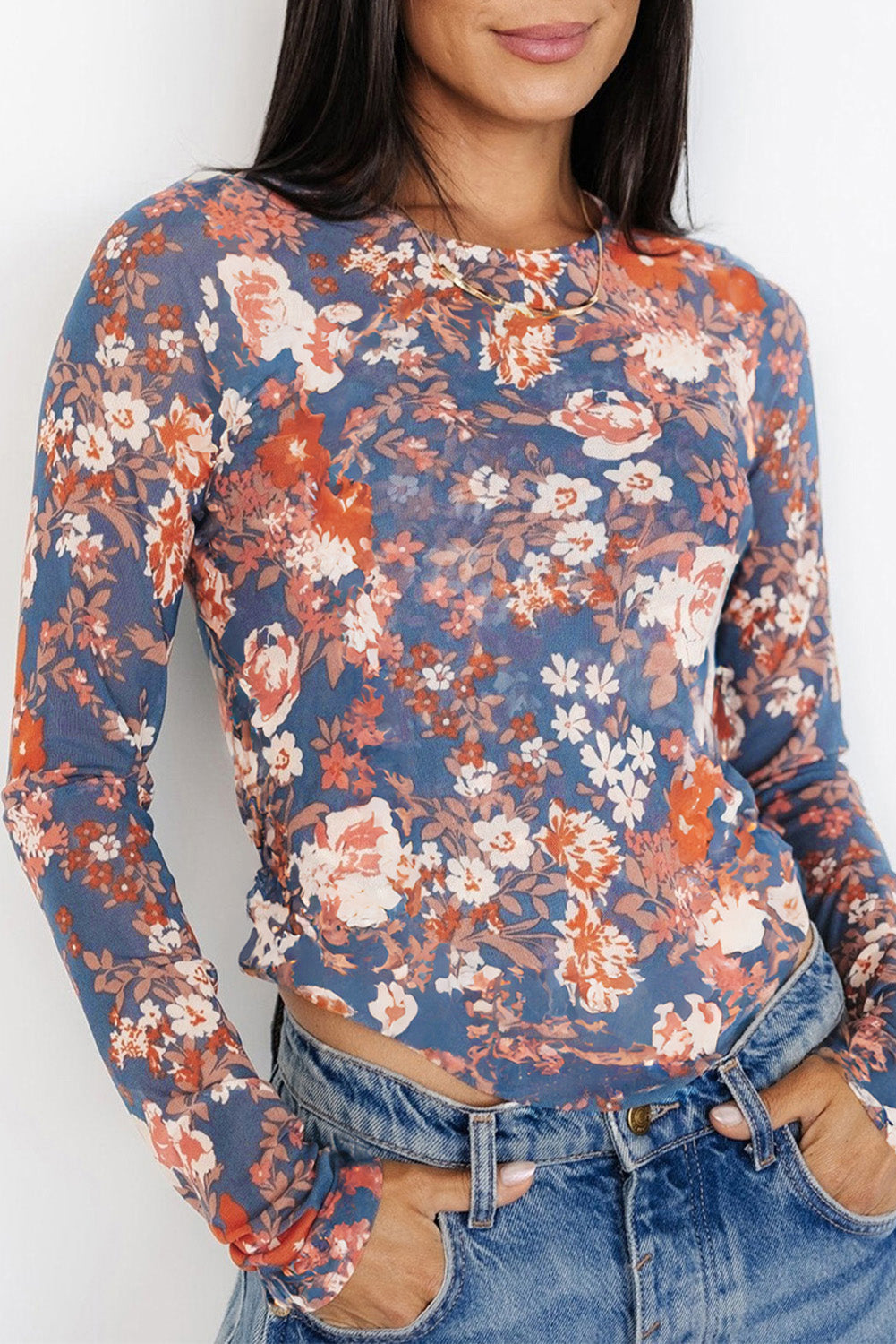 Orchid Petal 95%Polyester+5%Elastane Floral Print Mesh Fitted Long Sleeve Top | Tops Daverri Fashions