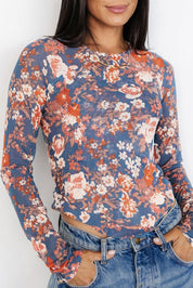 Orchid Petal 95%Polyester+5%Elastane Floral Print Mesh Fitted Long Sleeve Top | Tops Daverri Fashions