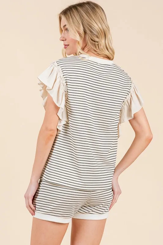 Lime 'N' Chili Striped Ruffle Sleeve Round Neck Top & Shorts Set