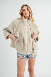 Aemi + Co Fake Two Pieces Turtleneck Sherpa Jacket with Pockets Sand