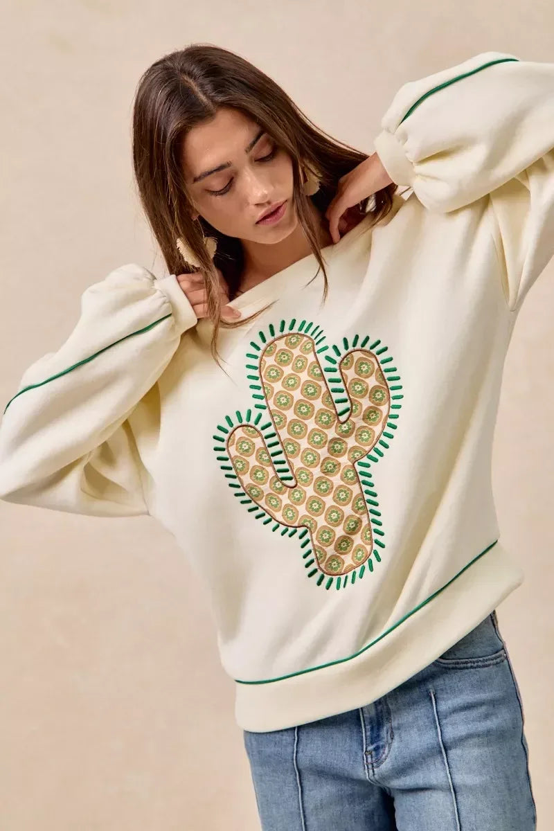 BiBi Cactus Embroidered Fleece Sweatshirt - DAVERRI FASHIONS