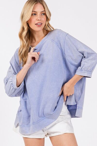 SAGE + FIG Mineral Washed Side Slit Round Neck Sweatshirt Sweatshirts