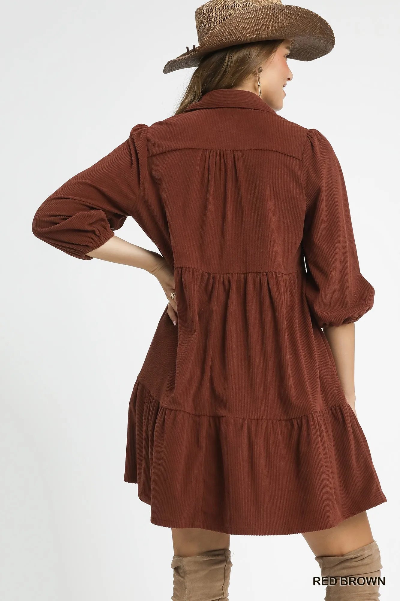 Umgee Tiered Corduroy Mini Dress with Balloon Sleeves | Daverri Fashions