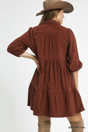 Umgee Tiered Corduroy Mini Dress with Balloon Sleeves | Daverri Fashions