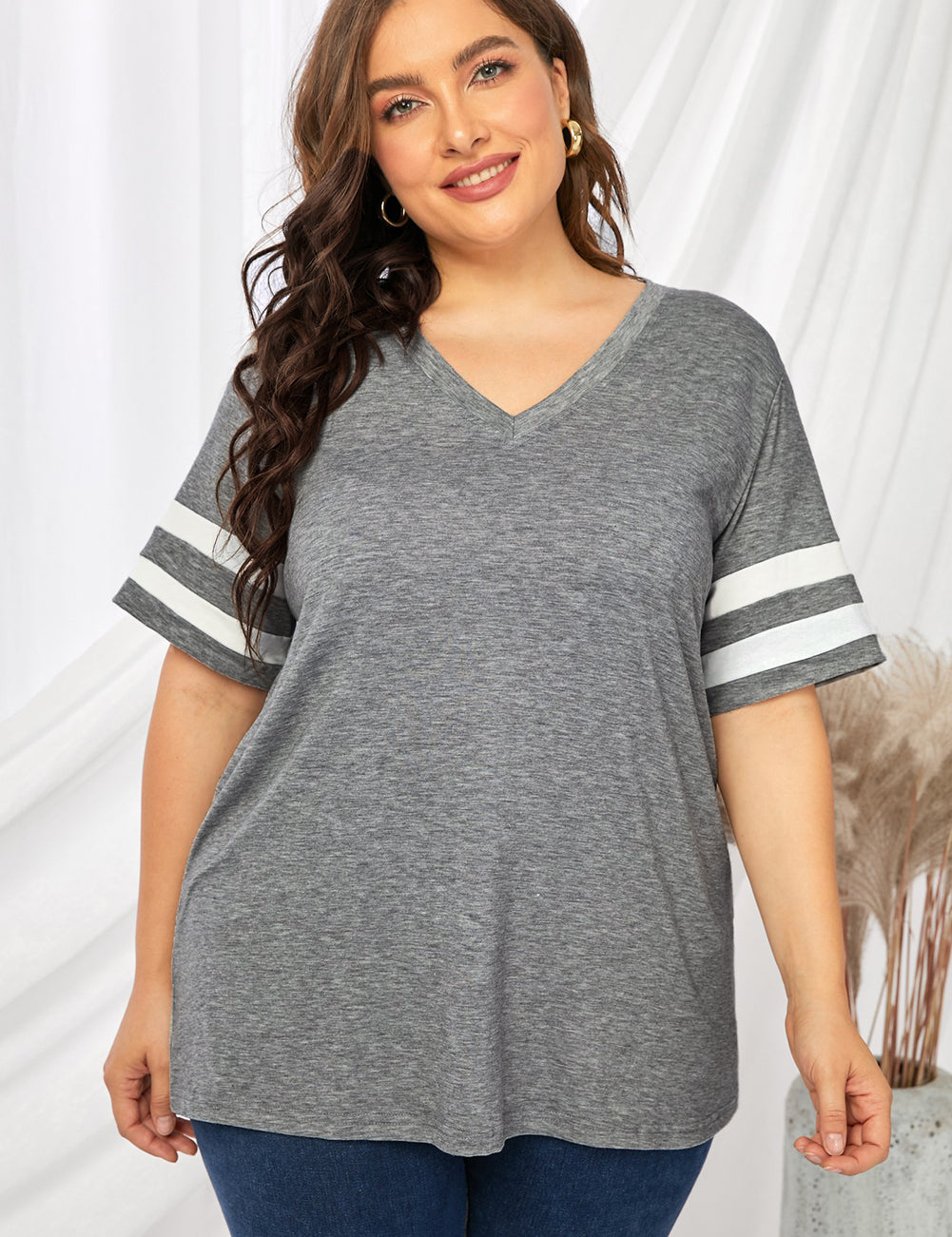 Mid Gray Plus Size Striped V-Neck Tee Shirt | T-Shirts Daverri Fashions