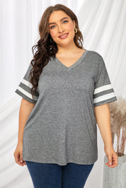 Mid Gray Plus Size Striped V-Neck Tee Shirt | T-Shirts Daverri Fashions