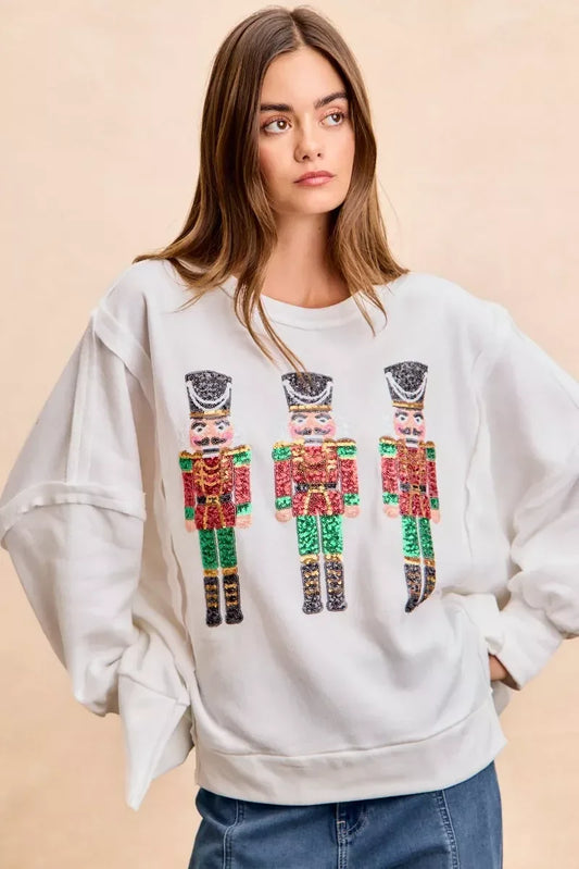 BiBi Christmas Sequin Nutcrackers Embroidery Sweatshirt - DAVERRI FASHIONS