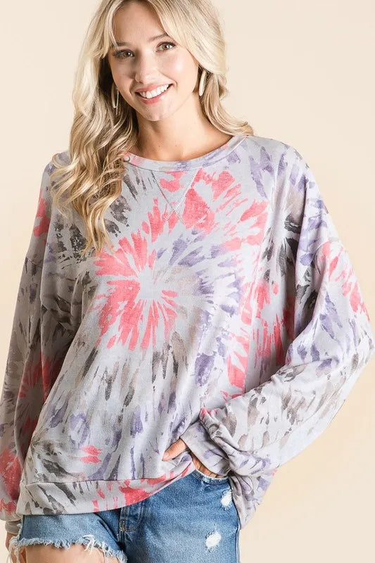 BiBi Tie Dye Print Terry Pull Over | Tops Daverri Fashions