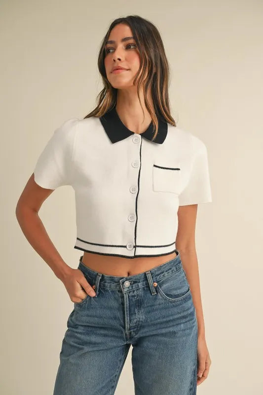 MABLE Button Down Contrast Collared Knit Cardigan Cream