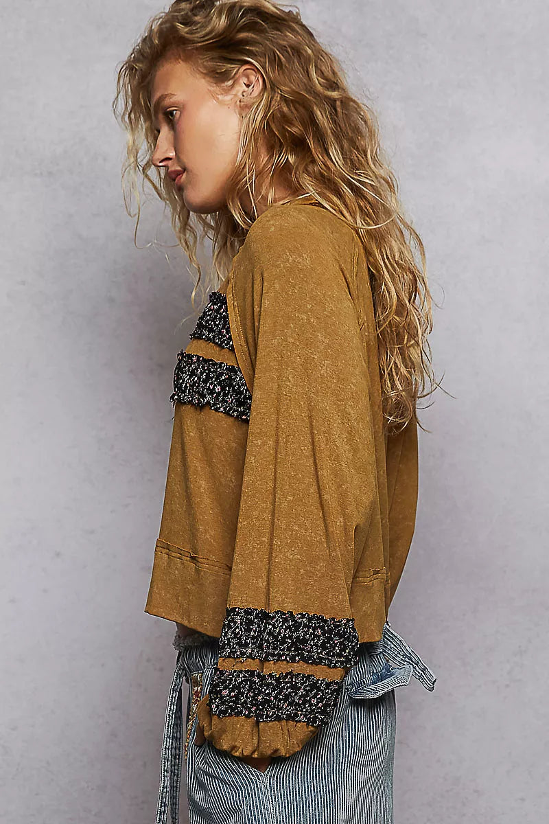 POL Print Patch Round Neck Balloon Sleeve Cropped Top | Tops Daverri Fashions