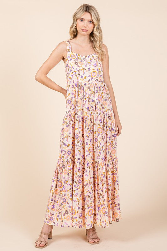 Mittoshop Flower Print Tiered Sleeveless Empire Maxi Dress Sherbet