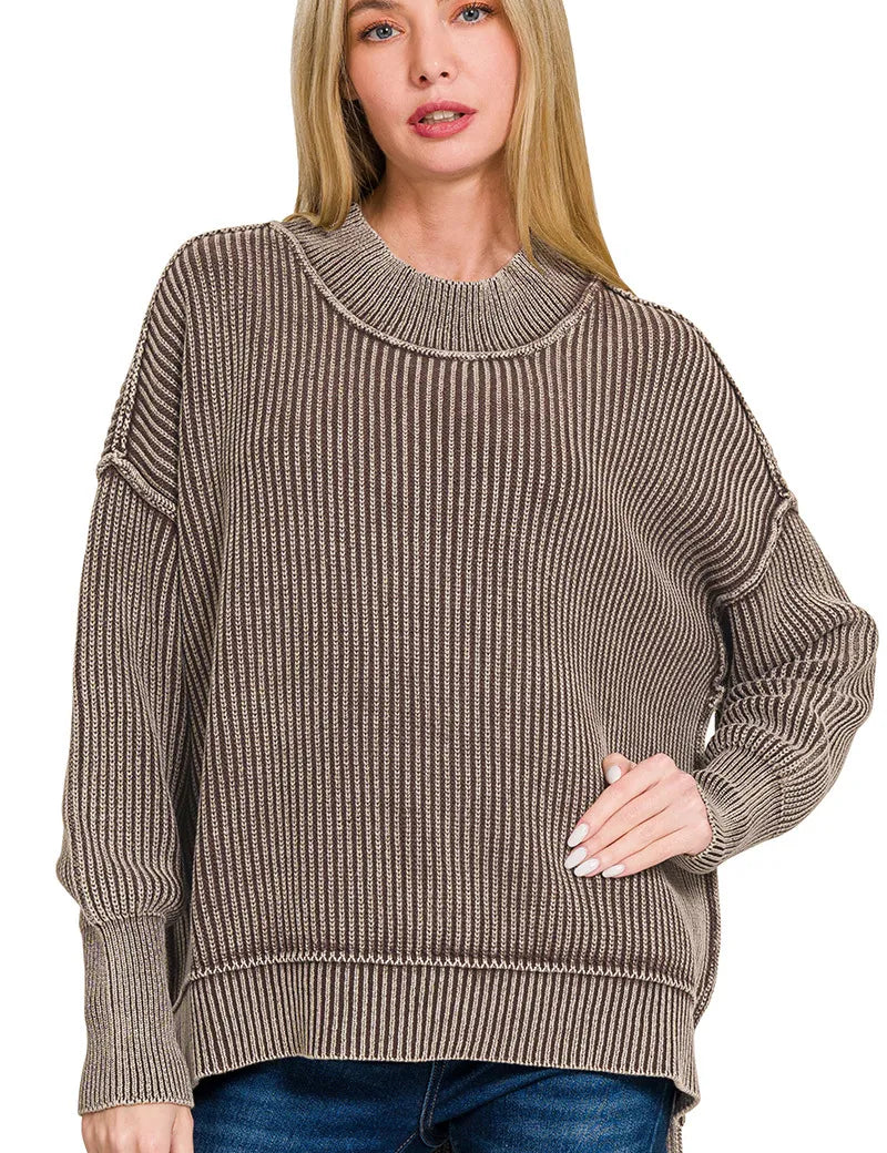BROWN Zenana Washed Side Slit Oversized Sweater | Daverri Fashions