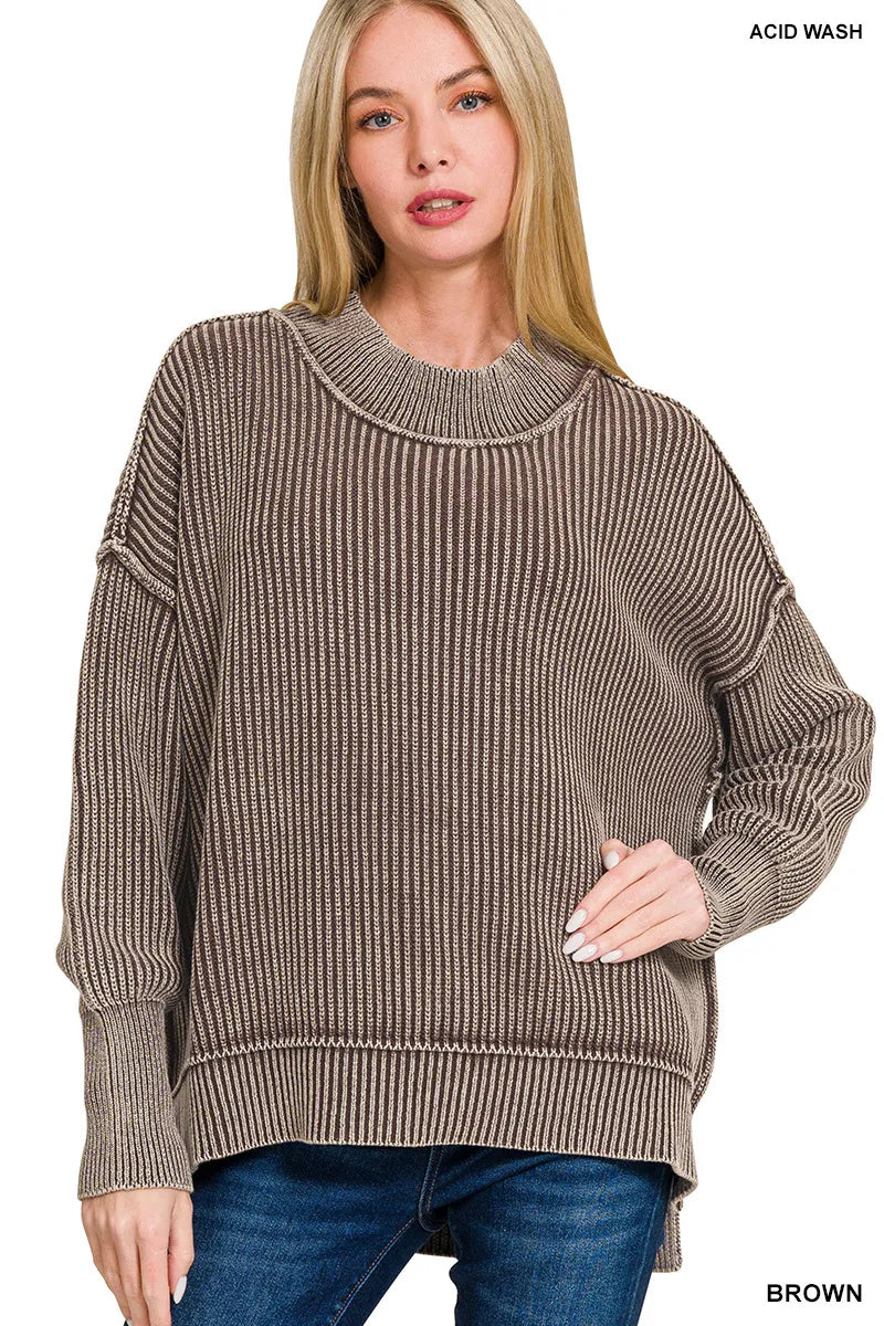 BROWN Zenana Washed Side Slit Oversized Sweater | Daverri Fashions