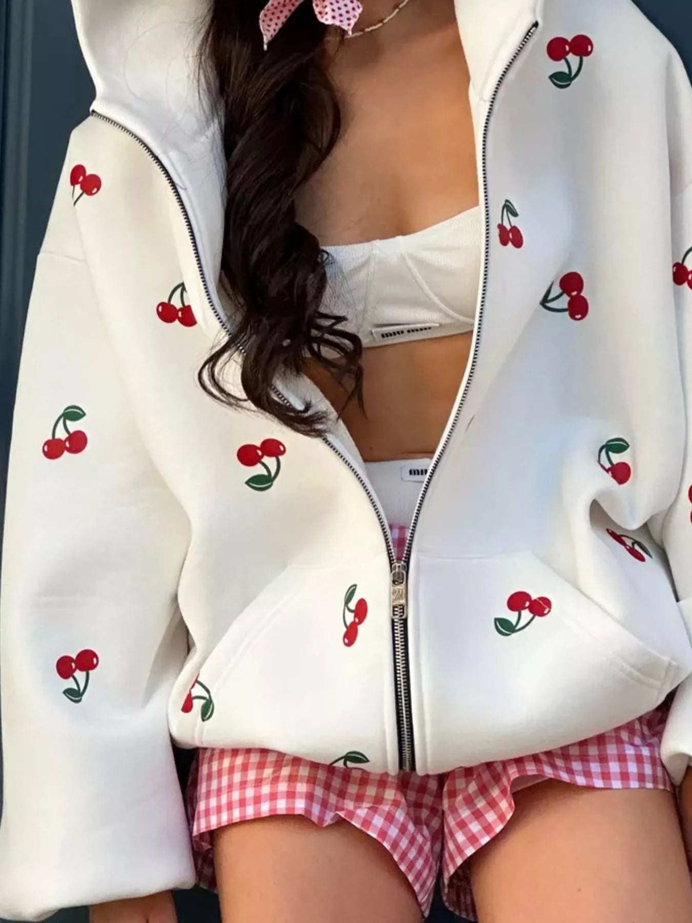 Cherry Print Oversized Zip-Up Hoodie | Hoodies Daverri Fashions
