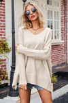 Beige v-neck dropped shoulder ribbed long sleeve knit sweater