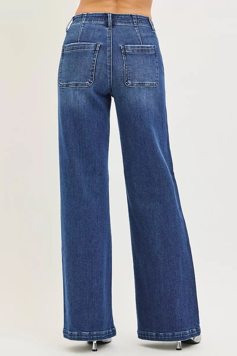 RISEN high-rise wide-leg jeans in blue denim with slanted pockets