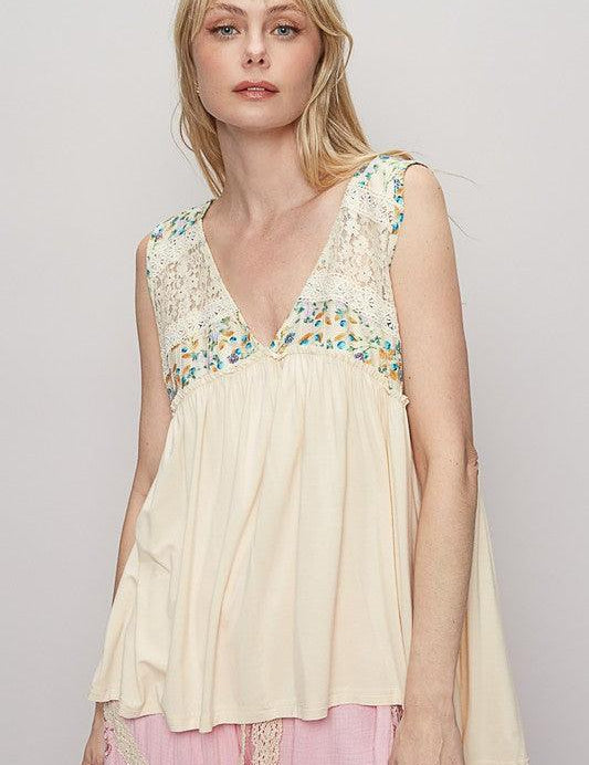 Cream POL Lace Detail Frill Floral V-Neck Sleeveless Top | Tops Daverri Fashions