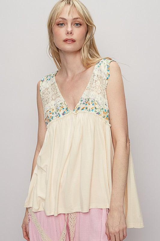Cream POL Lace Detail Frill Floral V-Neck Sleeveless Top | Tops Daverri Fashions