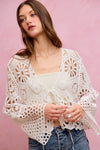 White SO ME floral crochet knit tie-front crop cardigan with bell sleeves