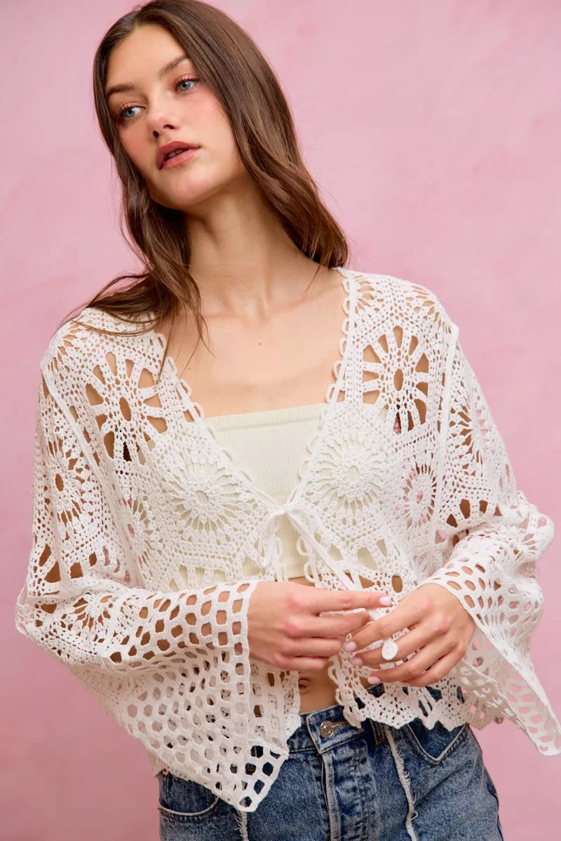 White SO ME floral crochet knit tie-front crop cardigan with bell sleeves