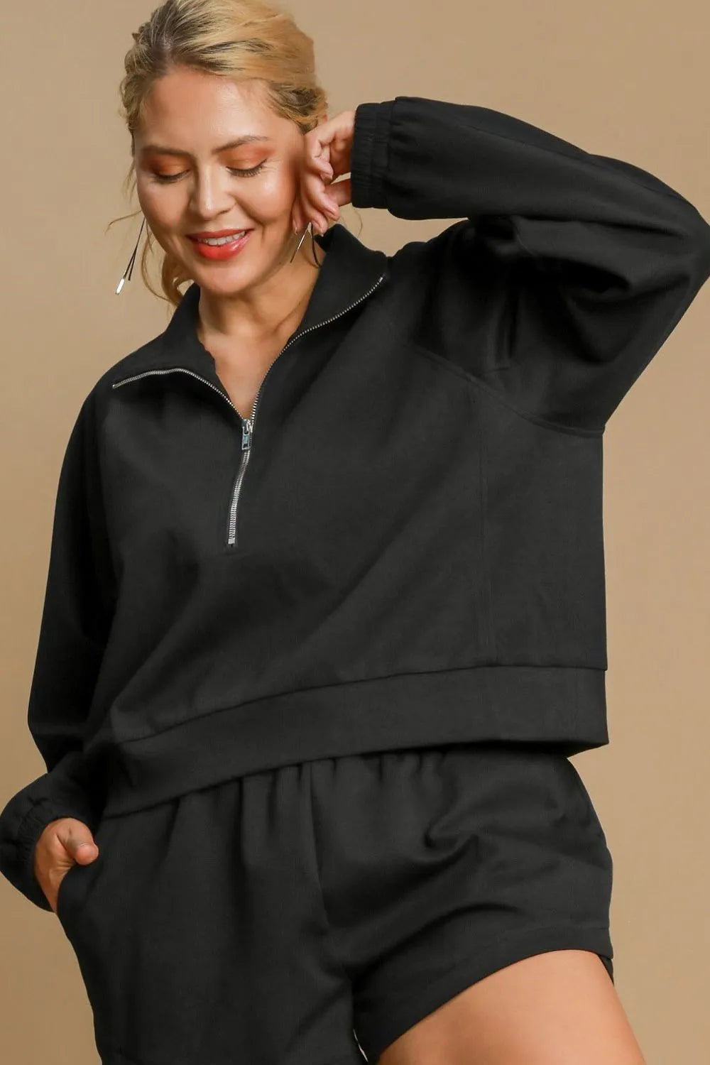 Umgee Full Size Half Zip Cropped Sweatshirt Plus Size | Daverri Fashions