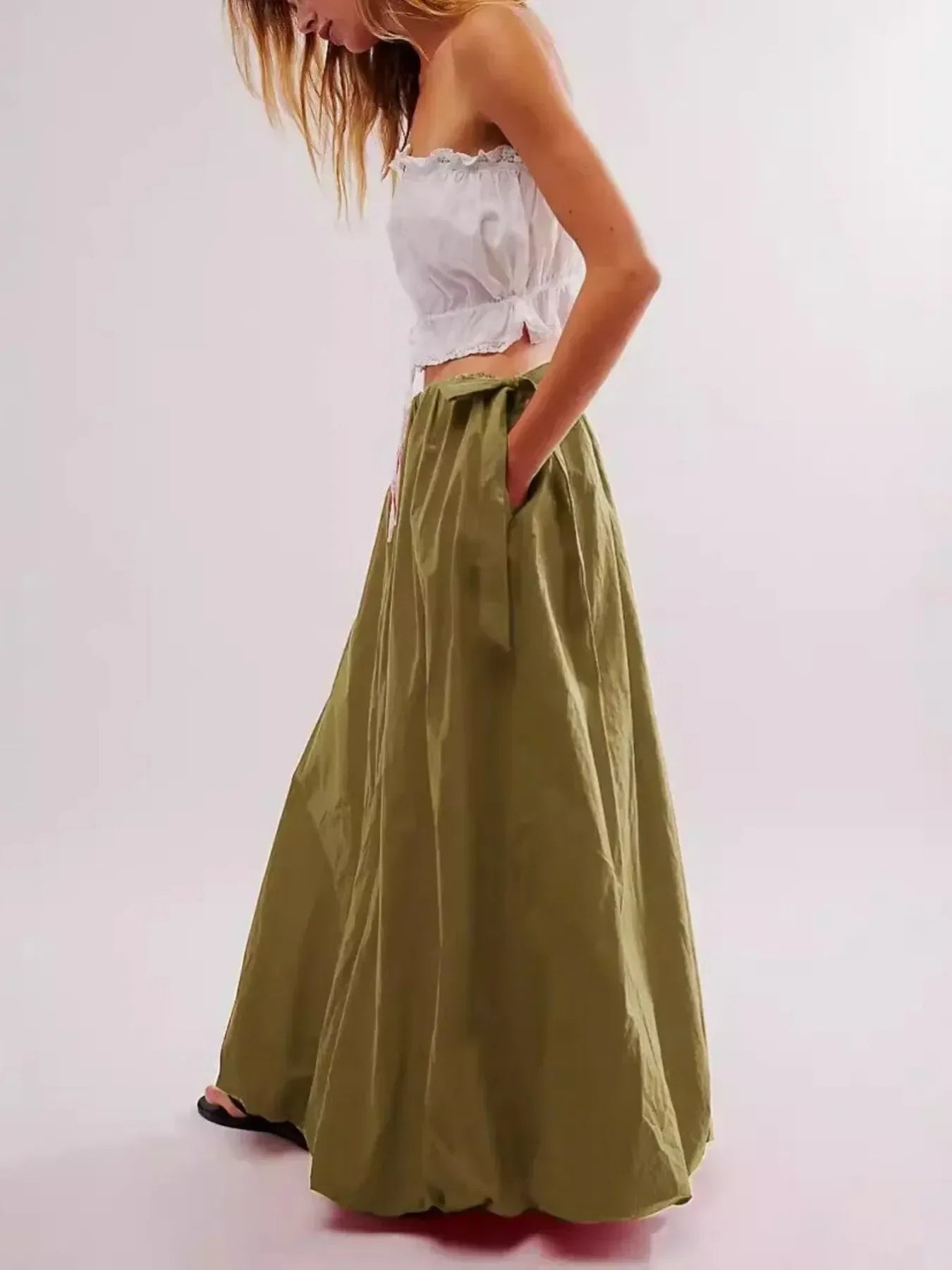 Side Bow Maxi Skirt with Pockets - DAVERRI FASHIONS