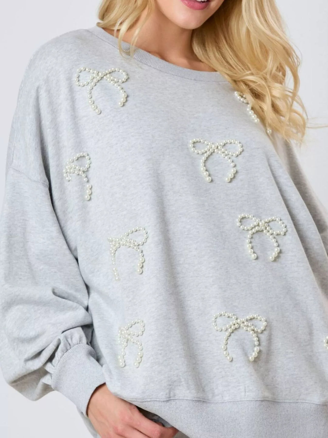 Pearl Embellished Bow Long Sleeve Sweatshirt | Sweatshirts Daverri Fashions