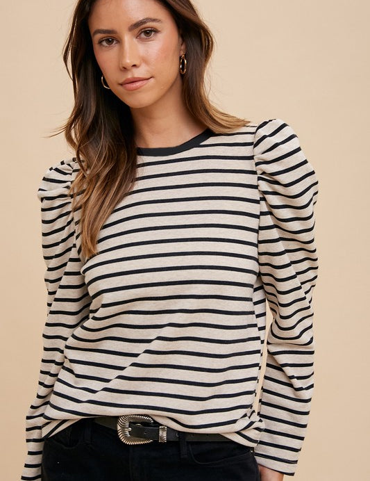 Annie Wear Striped Round Neck Puff Sleeve French Terry Top Black Tops