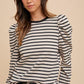 Annie Wear Striped Round Neck Puff Sleeve French Terry Top Black Tops