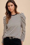 Annie Wear Striped Round Neck Puff Sleeve French Terry Top - DAVERRI FASHIONS