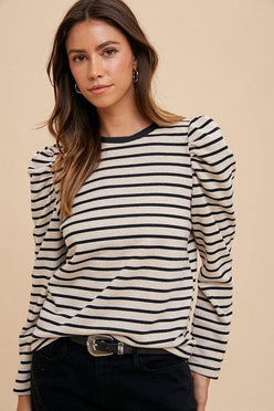 Annie Wear Striped Round Neck Puff Sleeve French Terry Top - DAVERRI FASHIONS