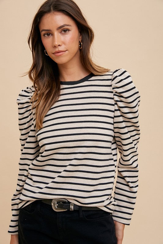 Annie Wear Striped Round Neck Puff Sleeve French Terry Top Black Tops